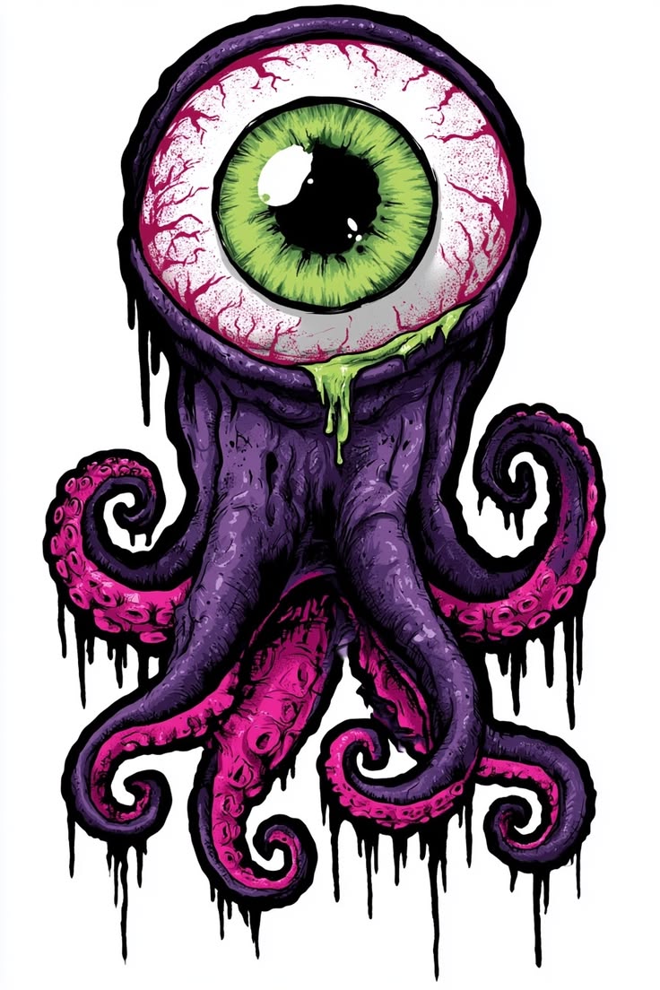 Purple and pink dripping eyeball octopus mascot