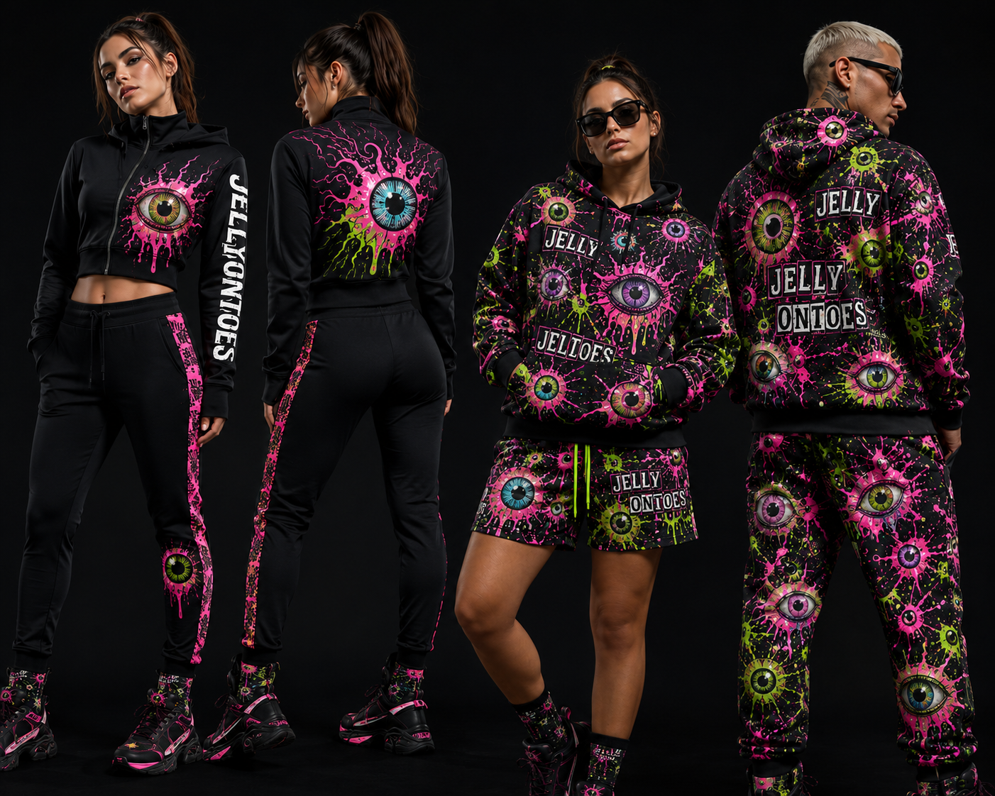 Glitch-Core cropped zip jacket and joggers, front and back views