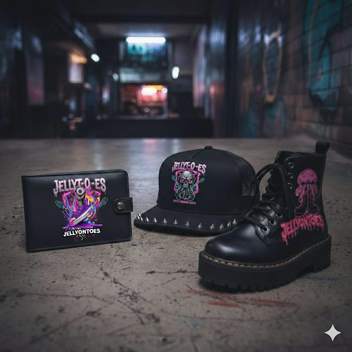Jellyontoes wallet, studded snapback cap and printed platform boots