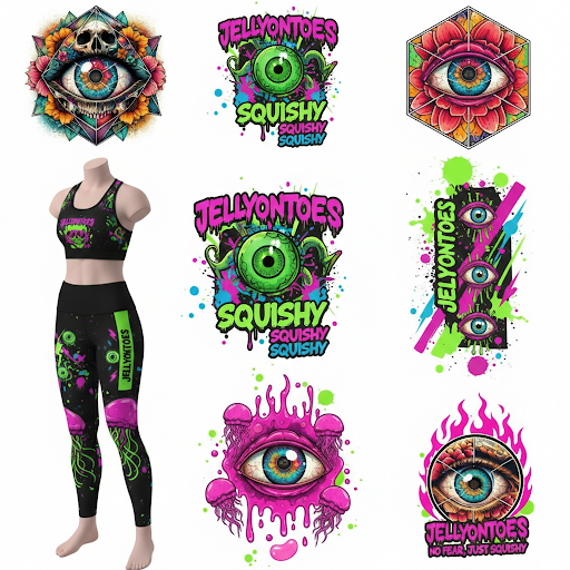 Sticker sheet of glitched eyeball, skull mandala and Squishy graffiti decals